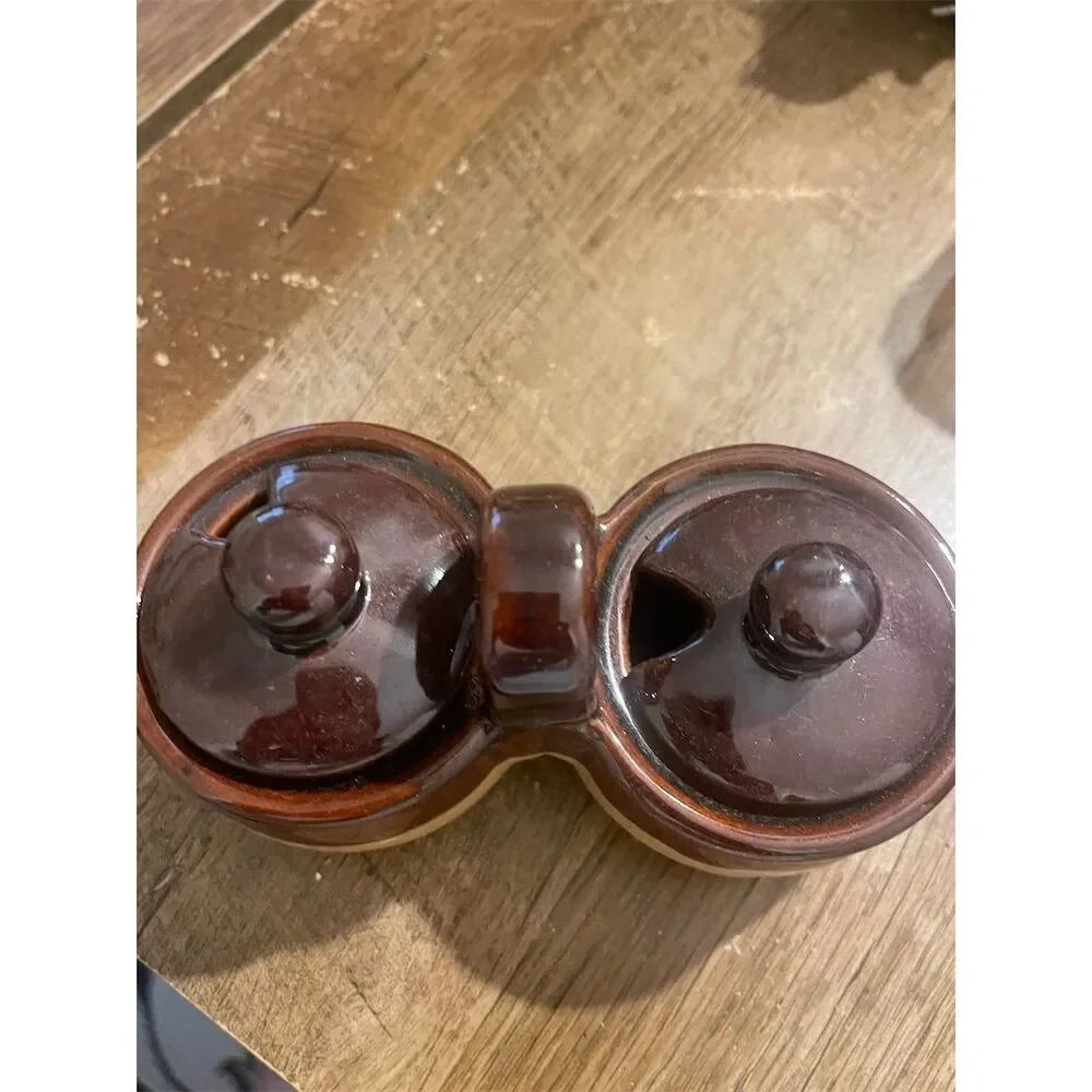 Vintage Brown & Cream Glazed Ceramic Double Condiment Dish with Lids